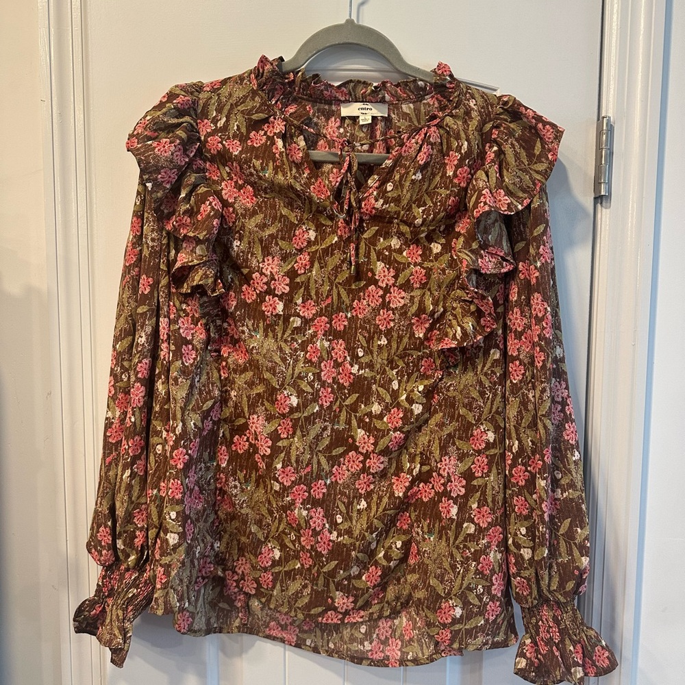 Floral NWT Brown Sparkle Smocked Blouse Sound Off Top Boutique Women’s S…